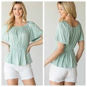 Boutique sage flutter sleeve top
